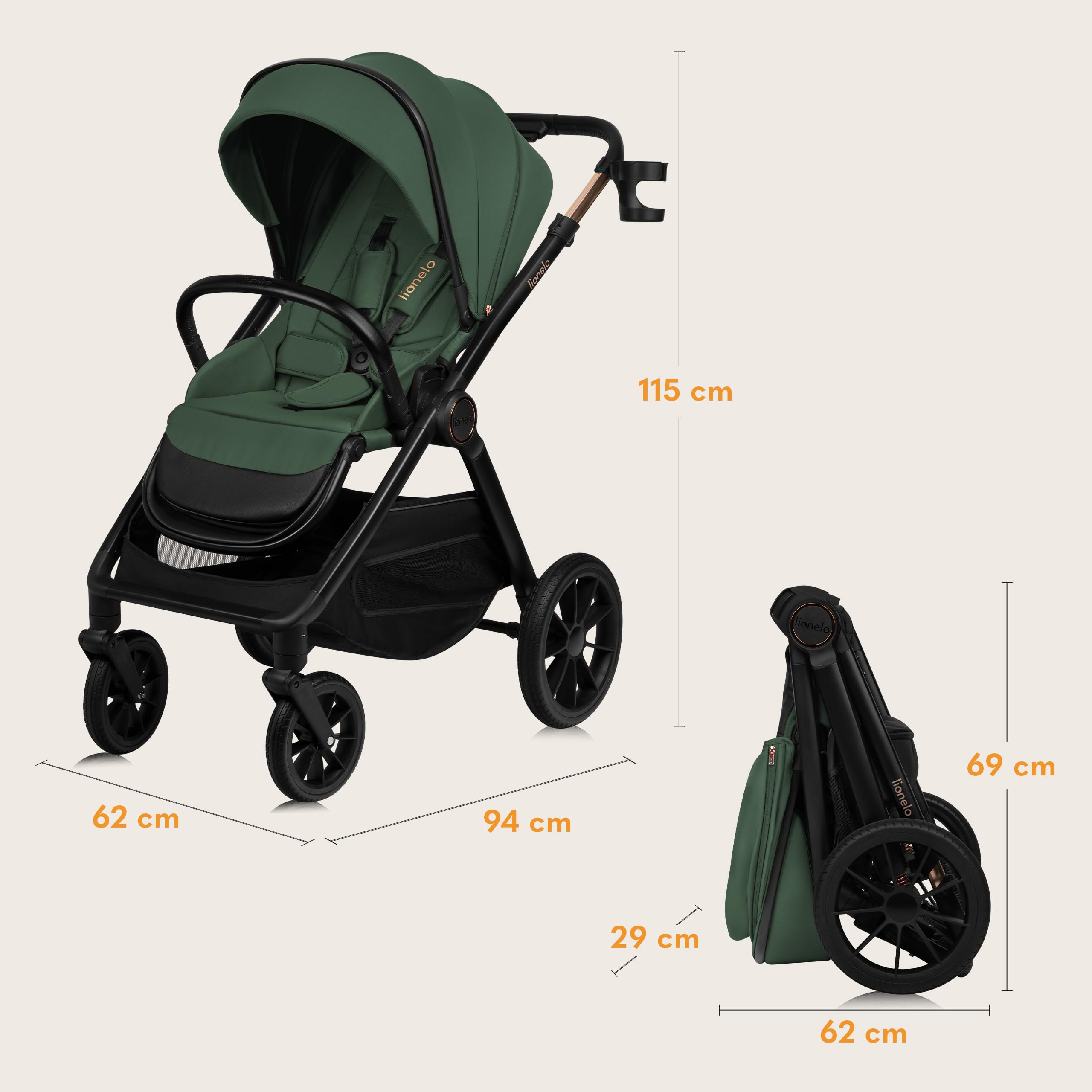 LIONELO LAYLA 3 en 1 Poussette combinée 0-48 mois 22 kg Nacelle 9 kg Siège auto 13 kg AiryDots Roues PU pivotantes 360° Suspension complète Green
