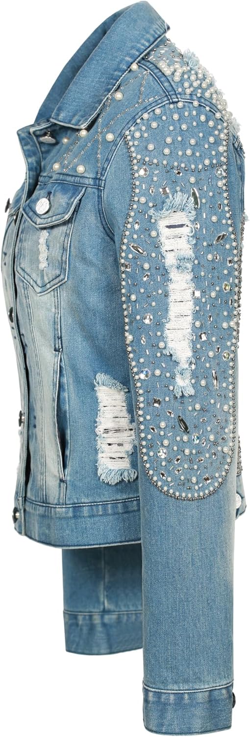 Fashion SX Women's pearl denim jacket, handmade beaded short bridal sequin jacket, motorcycle bicycle jacket - Image 3