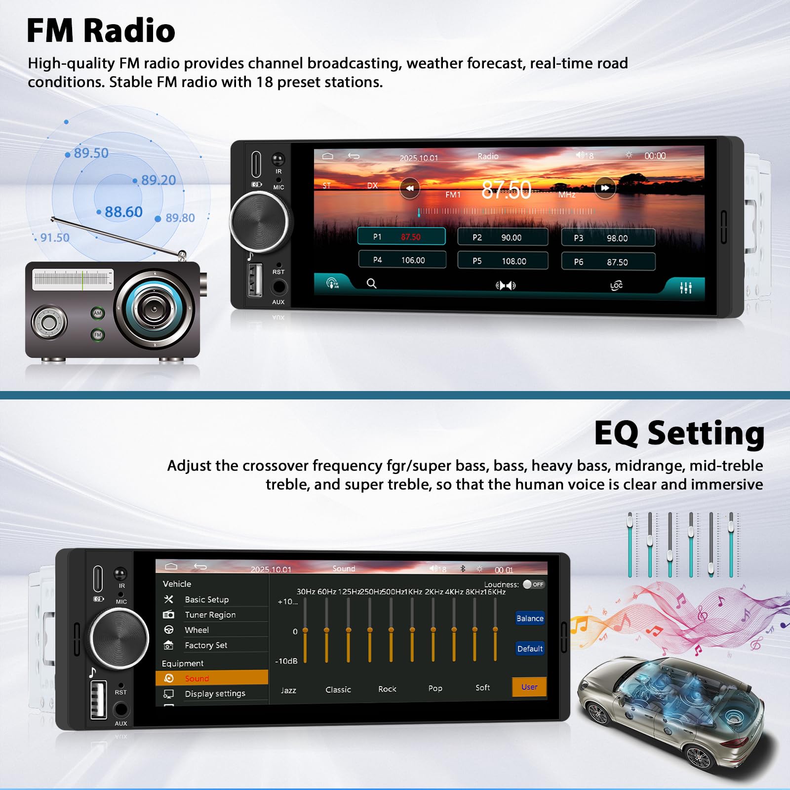 Inefala Autoradio CarPlay 1 DIN avec Wireless Carplay et Android Auto sans Fil, Radio avec écran 6,28 Pouces avec Bluetooth, Mirror Link, Compatible FM/RDS, EQ, USB, Type C, Recharge USB, AUX