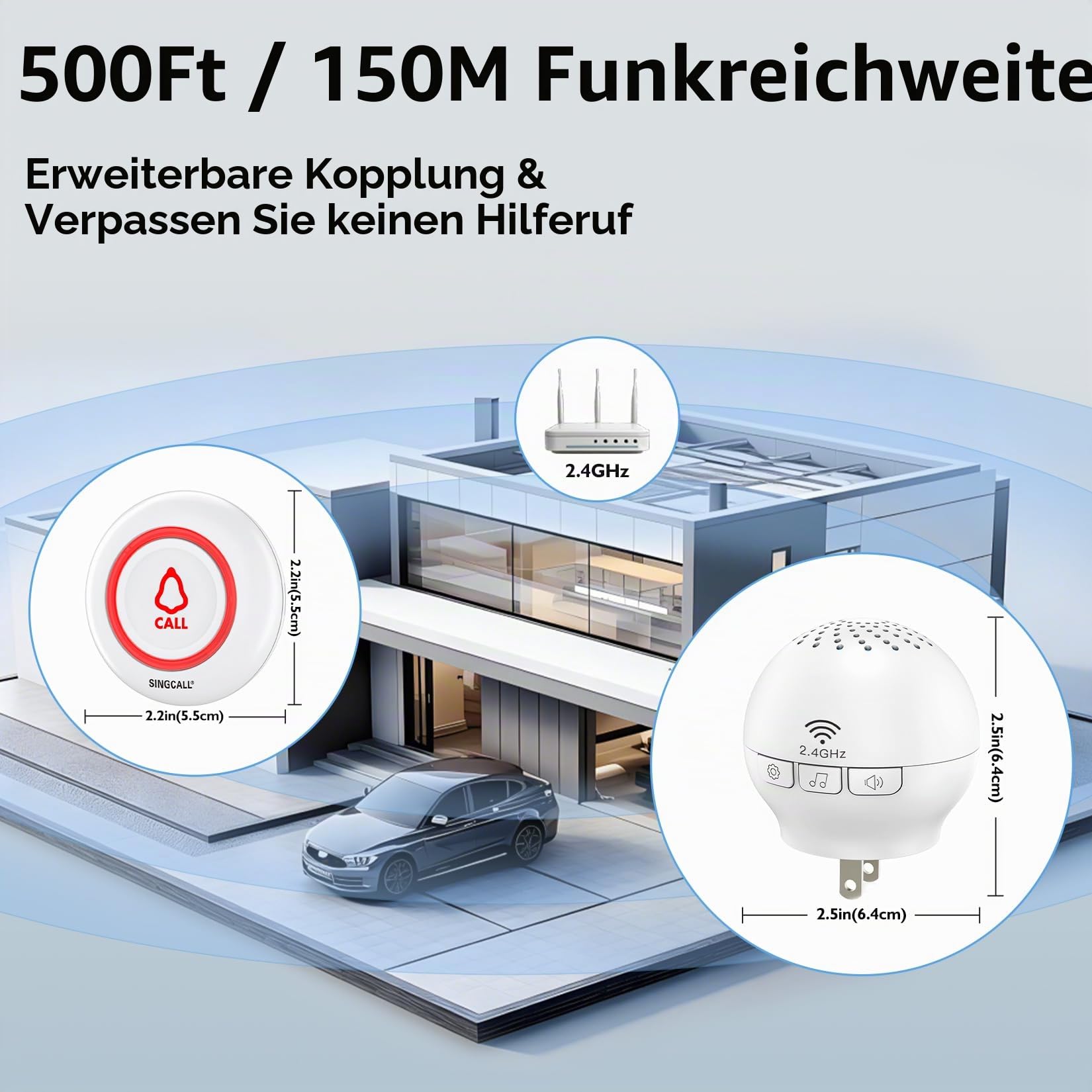SINGCALL Tuya WiFi Drahtloses Rufsystem(Ausrüstungs-Upgrade),alarmsystem | für ältere Menschen/Patienten/Schwangere, drahtloser Anrufalarm mit großer Reichweite,1 Empfänger + 2 Ruftasten für zu Hause