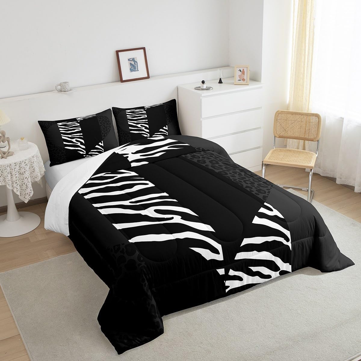 Leopard Zebra Skin Comforter Set,Black White Geometric Striped Patchwork Love Bedding Set for Girls Women Adult Room Decor,Wild Animal Fur Quilt Set Romantic Couple Duvet Insert Queen Size