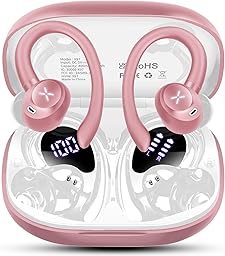 Wireless Earbuds, Sports Bluetooth 5.4 Headphones, Bass Sound 50Hrs Playtime Ear buds with Noise Cancelling Mic, Fast Charging Digital Display IPX7 Waterproof Earphones for Workout/Sports (Rose Gold)