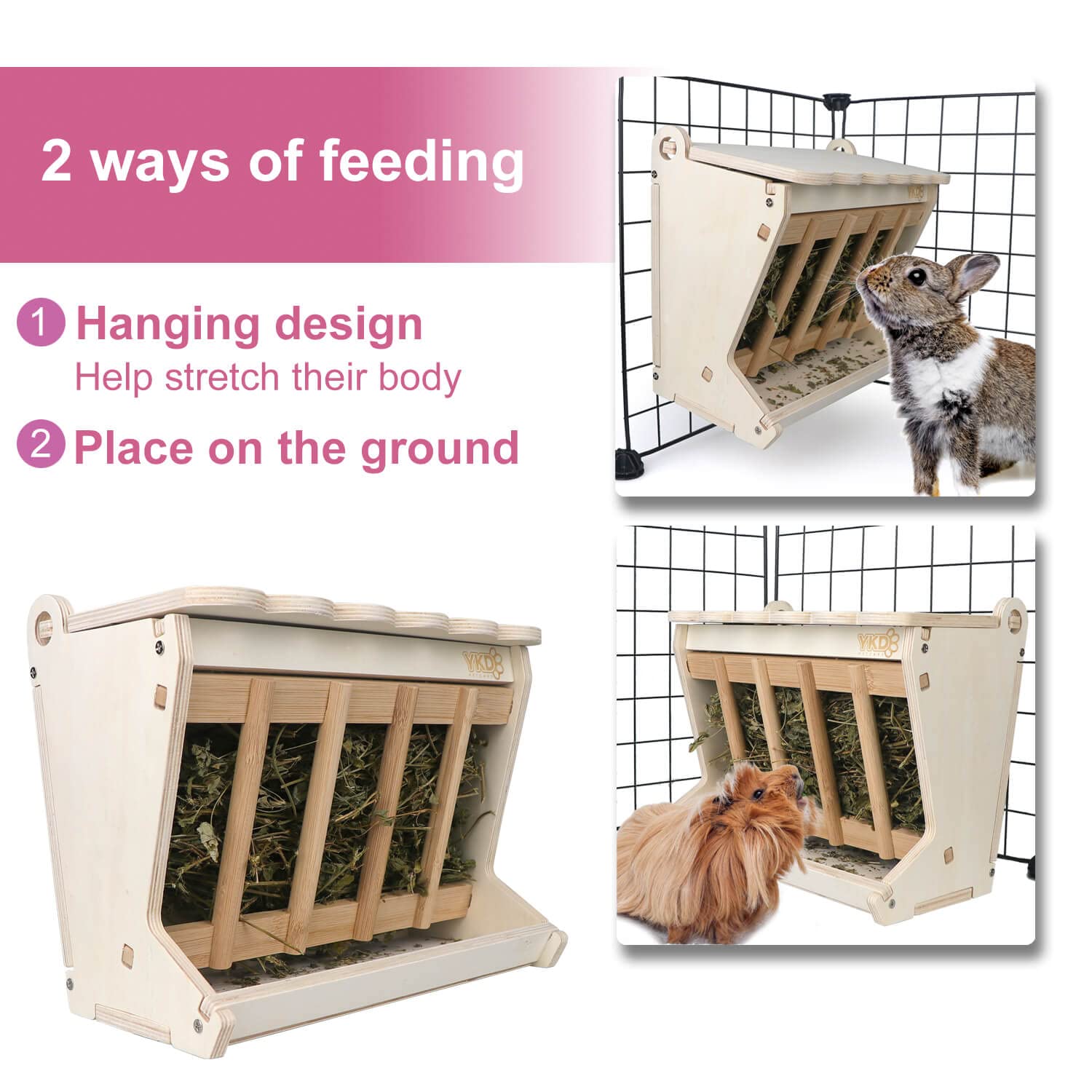 Pet Wooden Hay Feeder for Rabbits, Guinea Pigs, and Chinchillas - Alfalfa Timothy Dispenser, Less Wasted Small Animals Manger (Hanging Large) - image 2