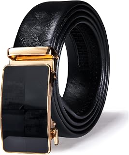 Black Belt Men Genuine Leather Ratchet Automatic Buckle Belts 1 3/8" Strap Wedding Business Party Trim to Fit