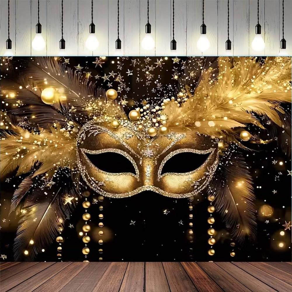 Sfondo per feste in maschera, maschera dorata, piume glitterate, sfondo fotografico, per martedì grasso, feste in maschera, carnevale, feste di buon compleanno (A, 2,7 x 1,8 m)