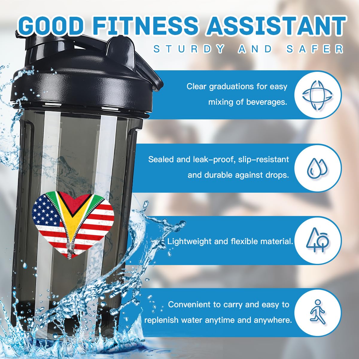 Heart America Flag and Guyana Flag 18 Ounce Shaker Cup,Fashion Theme Pattern Shaker Bottle Leak-proof Workout Shake Bottles 500ML/18 oz Perfect for Pre Workout