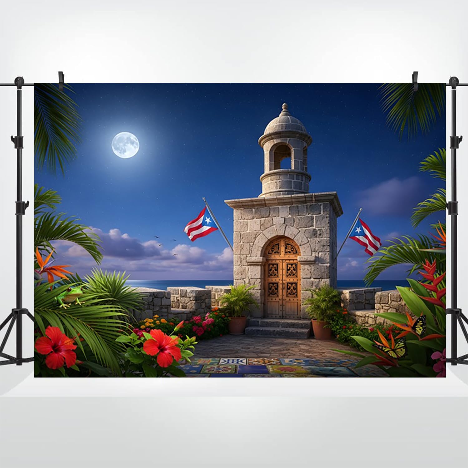 3,6 x 1,8 m Tło Portorykańskie Flagi Strong Coastal Moon Light Kamienna Wieża Kwiat Hibiskusa, Karaibski motyw nocny, akcesoria do studia fotograficznego