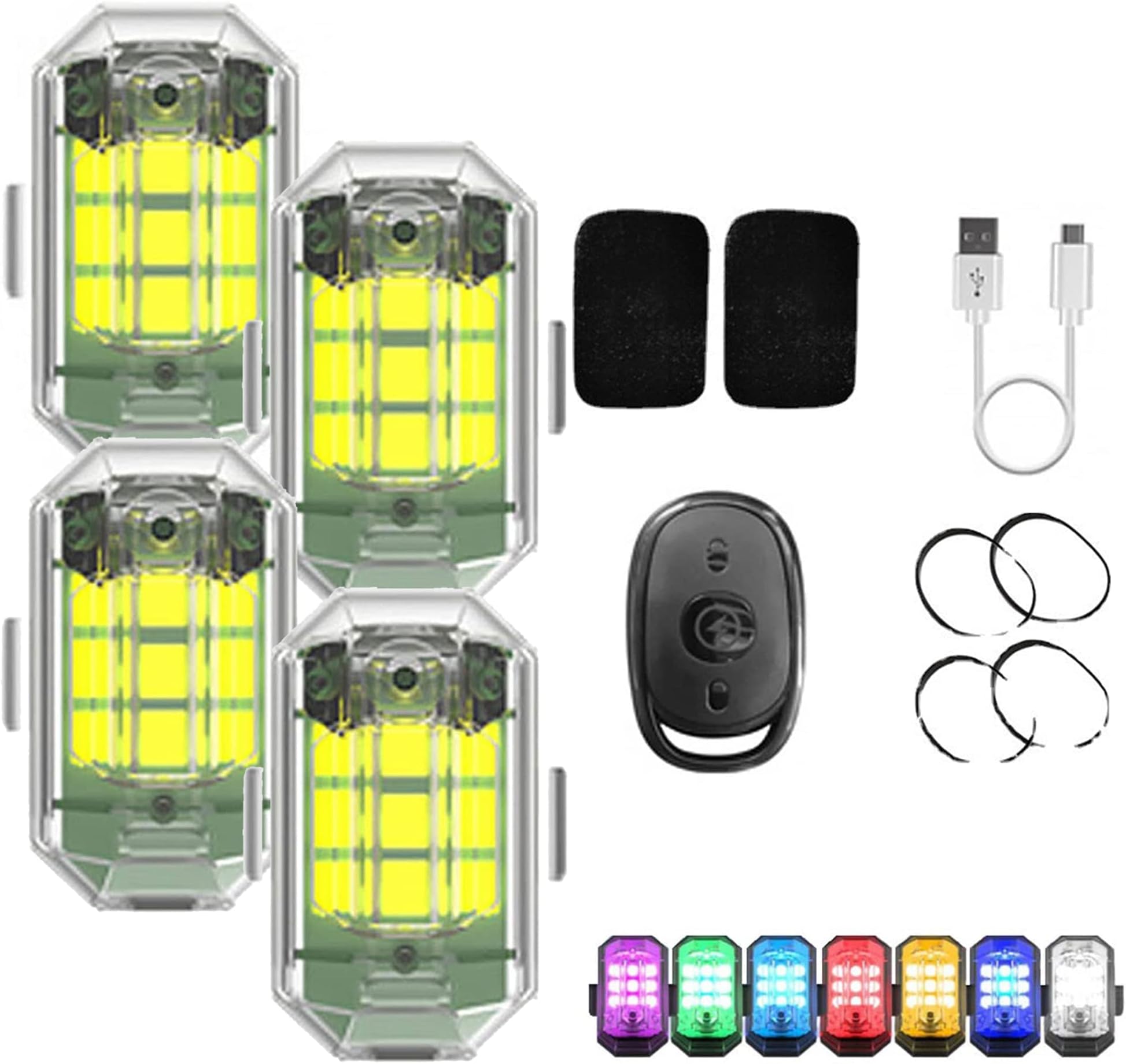 GWNWTT High Brightness Wireless LED Strobe Light, 7 Colors Rechargeable Flashing Lights, Wireless LED Strobe Lights, USB Charging Mini Riding Anti-Collision Night Signal Light (4pack)