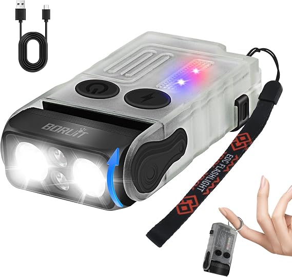BORUIT V20 Small Powerful Flashlight 180Head Swivels Super Bright with Cob Side Light, USB C Rechargeable Flashlights with Two-Way Clip,Lanyard and Keychain, Magnetic Buzzer - 13 Modes