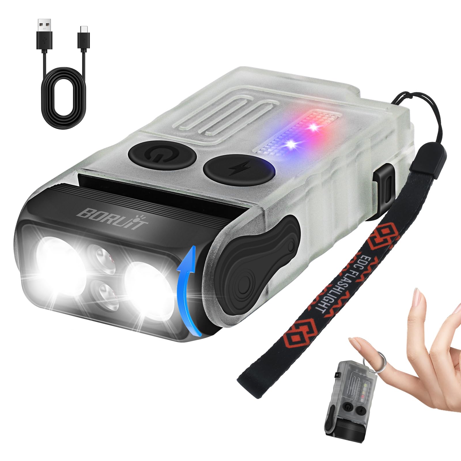 BORUIT V20 Small Powerful Flashlight 180°Head Swivels Super Bright with Cob Side Light, USB C Rechargeable Flashlights with Two-Way Clip,Lanyard and Keychain, Magnetic Buzzer