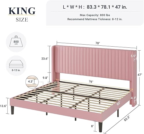 Miniatura 32 de Allewie Marco de cama de terciopelo de tamaño matrimonial, cabecera capitoné vertical con respaldo de ala, plataforma tapizada, listones de madera