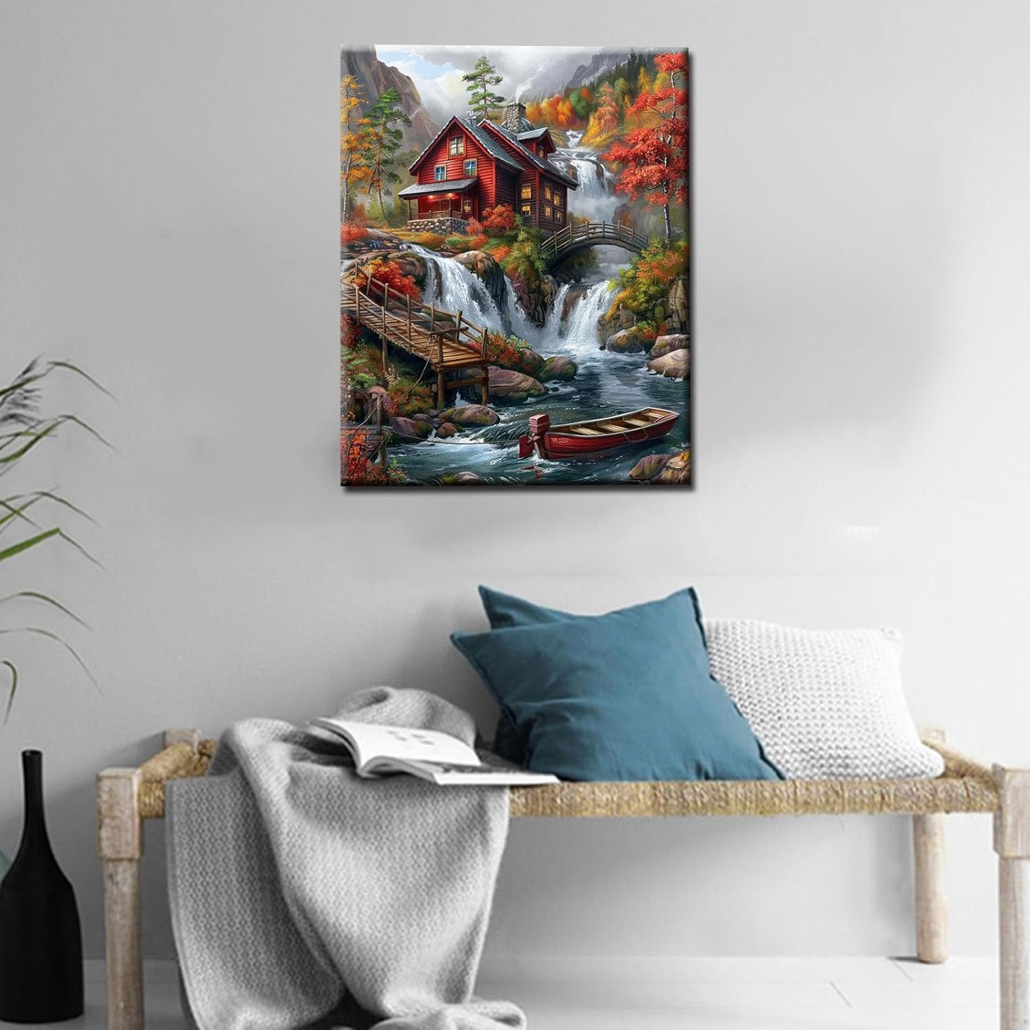 Rainforest Waterfall Paint by Numbers Kits with Brushes and Acrylic Pigment on Canvas Painting for Adults Beginner Red Wooden House,Boat,Bridge Pictures Arts Craft Home Decor 16''x20''(DIY Framed)