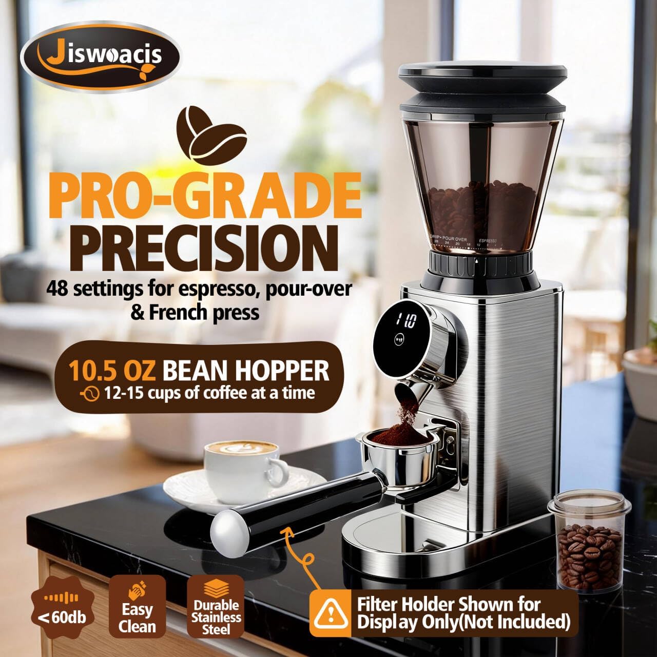 Burr Coffee Grinder, Electric Conical Coffee Bean Grinder With 48 Grind Settings Anti-static Burr Mill, Precision Electronic Timer, for Espresso/Drip/Cold Brew/French Press, Stainless Steel, Silver