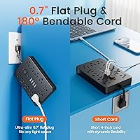 Vista 6 de Protector de sobretensiones - Enchufe de pared con múltiples tomas de corriente alterna, 6 puertos USB (2 USB C), cable de extensión corto negro