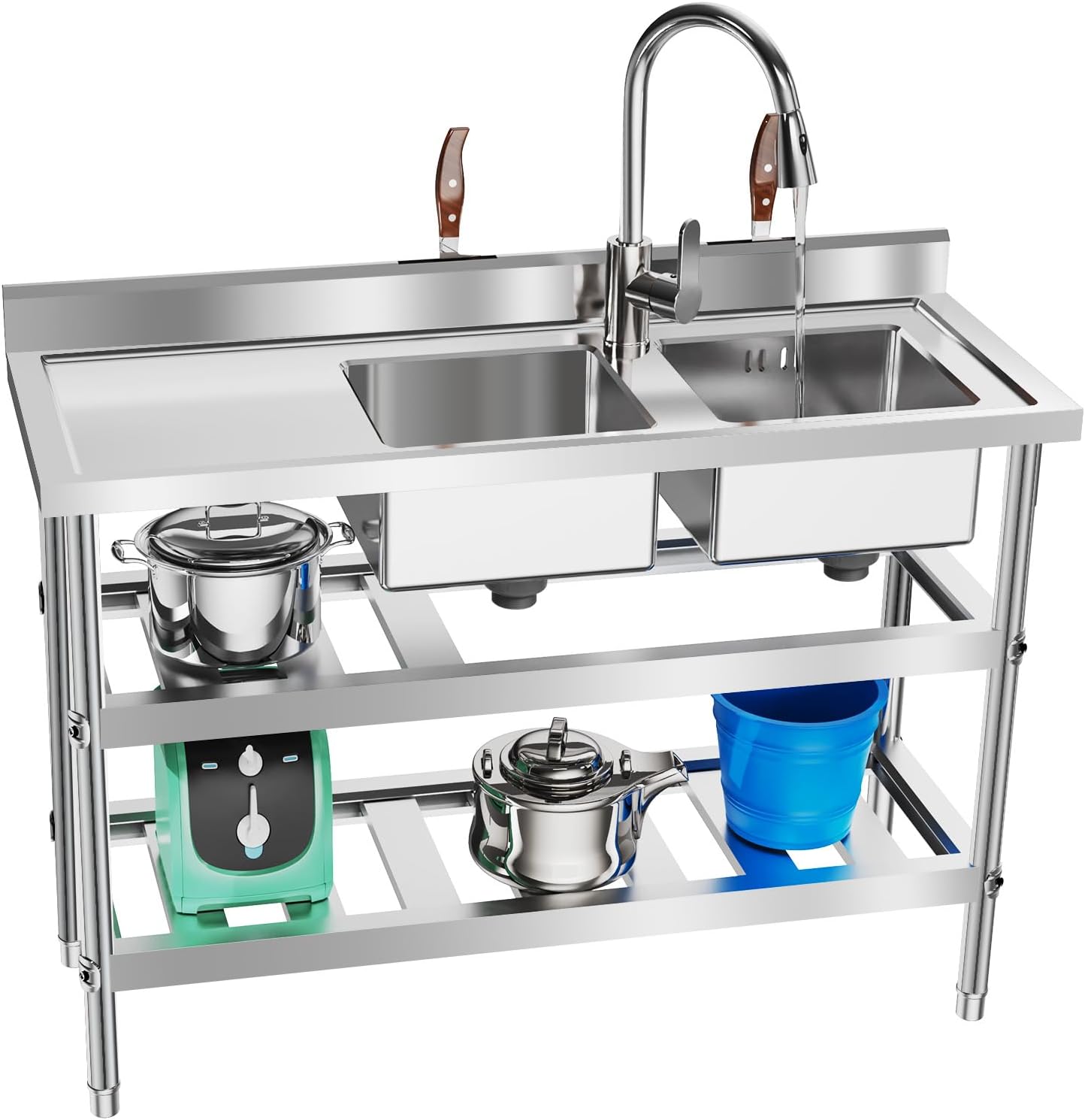 Outdoor Stainless Steel Sink 47" Double Bowls Kitchen Sink Stainless Steel Utility Sinks with Faucet & Platforms Commercial Concession Sinks 3-Tier Kitchen Station | US STOCK