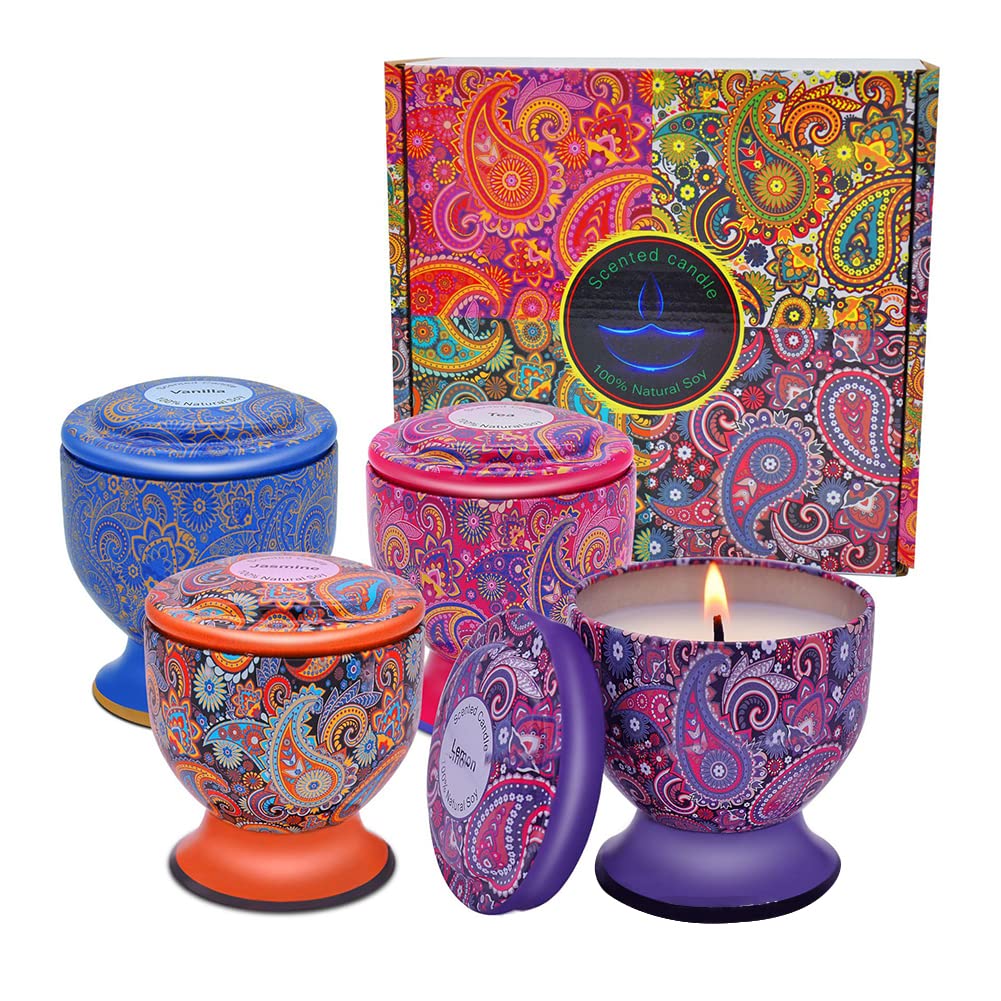 URFEDA Juego de velas perfumadas, 100% cera de soja natural, 4 unidades x 120 g, velas aromáticas duraderas, jazmín, vainilla, limón, té verde, juegos de velas regalo para aliviar el estrés y relajar
