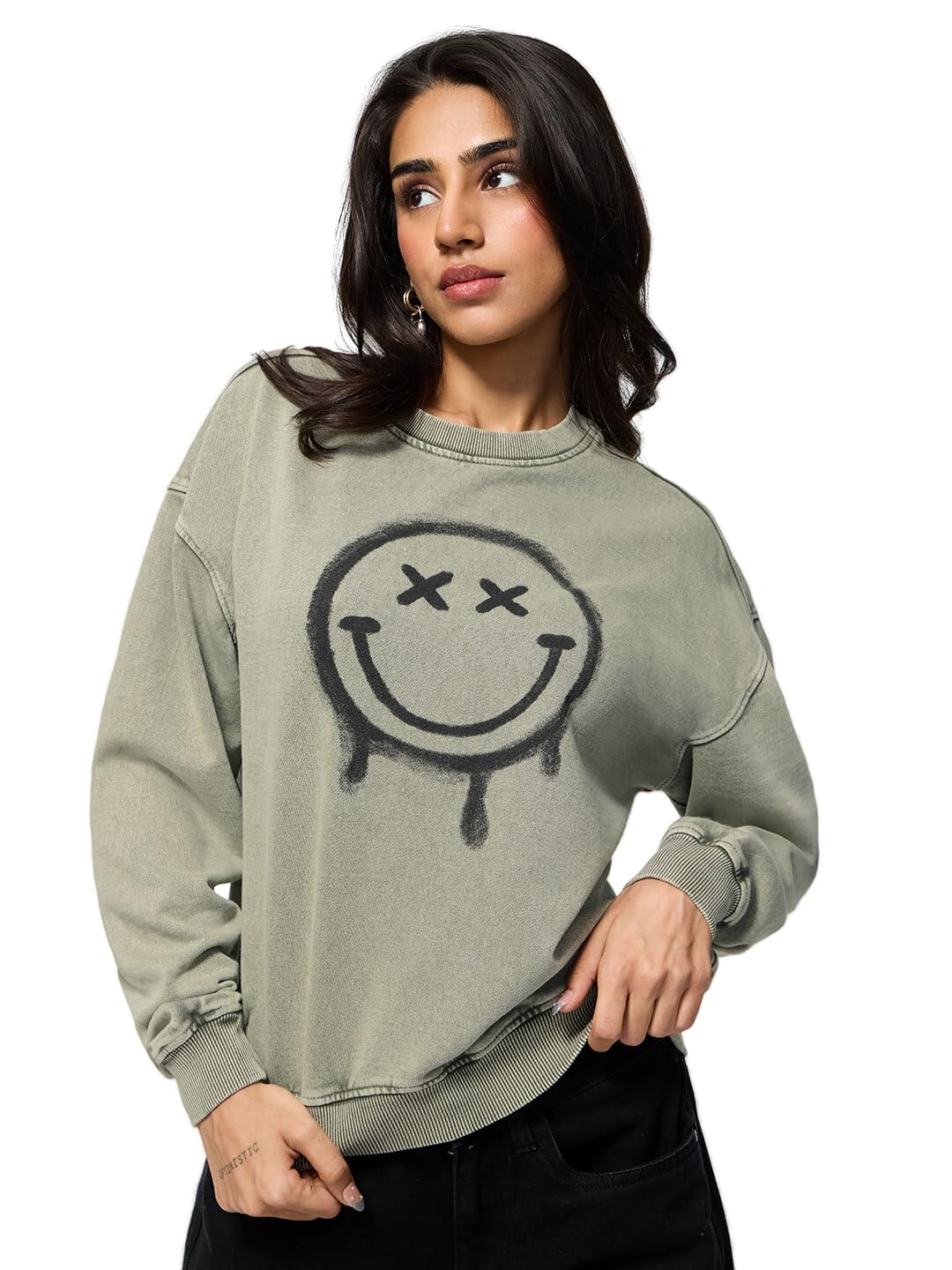 the souled store Smiley: Graffiti Women and Girls Full Sleeves Round Neck Olive Green Graphic Printed Cotton Drop Shoulder Streetwear Trendy Casual Winter Oversized Sweatshirt-picture-32