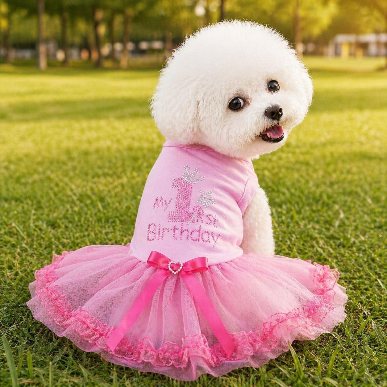 Petitebella Pink Rhinestones My 1st Birthday Puppy Dog Dress (Pink/Pinks Lace, XXX-Large)