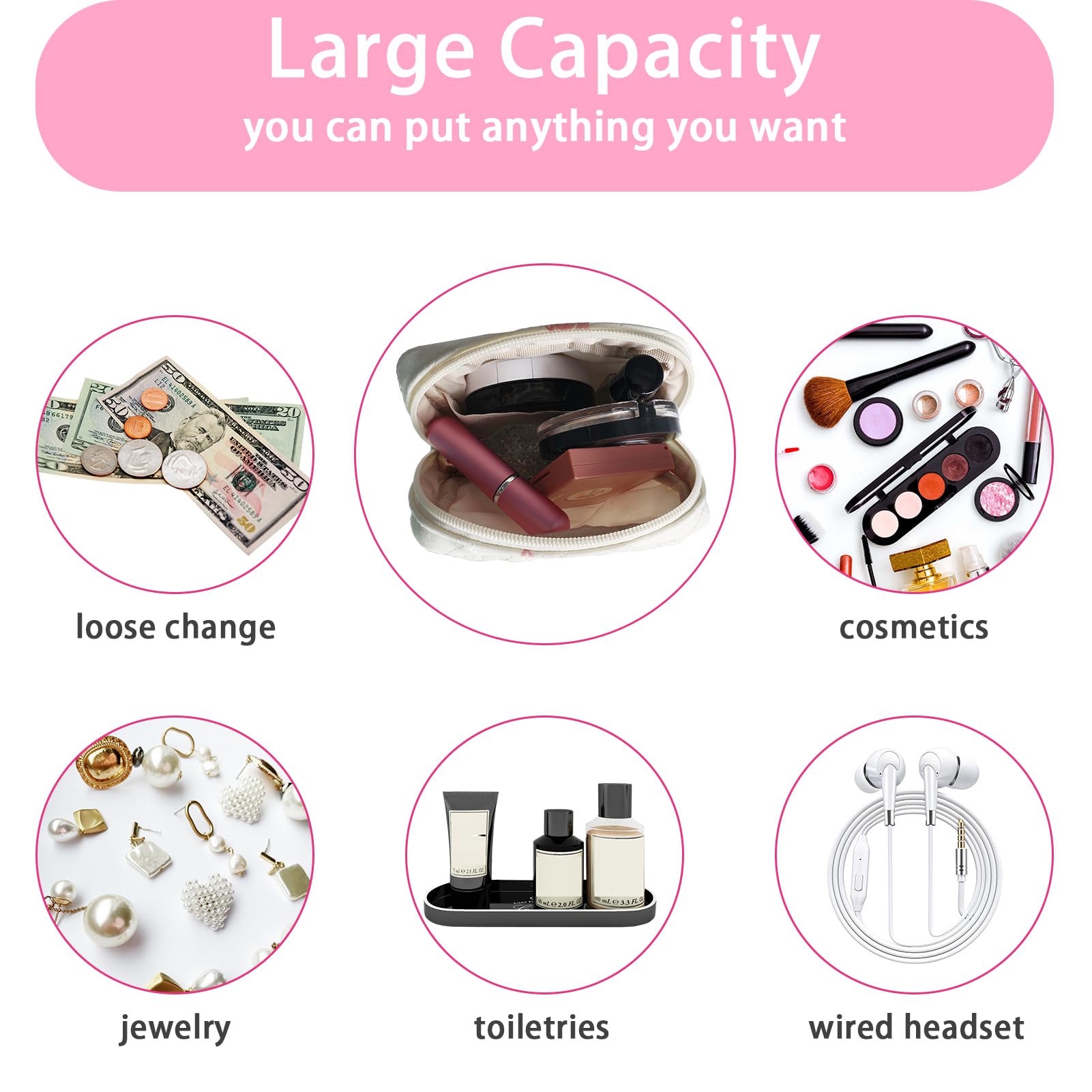 Tmtains Kleine Make-up-Tasche für Geldbörse, Mini-Baumwolle, gesteppt, Kosmetiktasche für Damen, niedliche rosa Schleife, Make-up-Tasche, tragbare Reise-Kulturbeutel mit Reißverschluss, Damenbinde