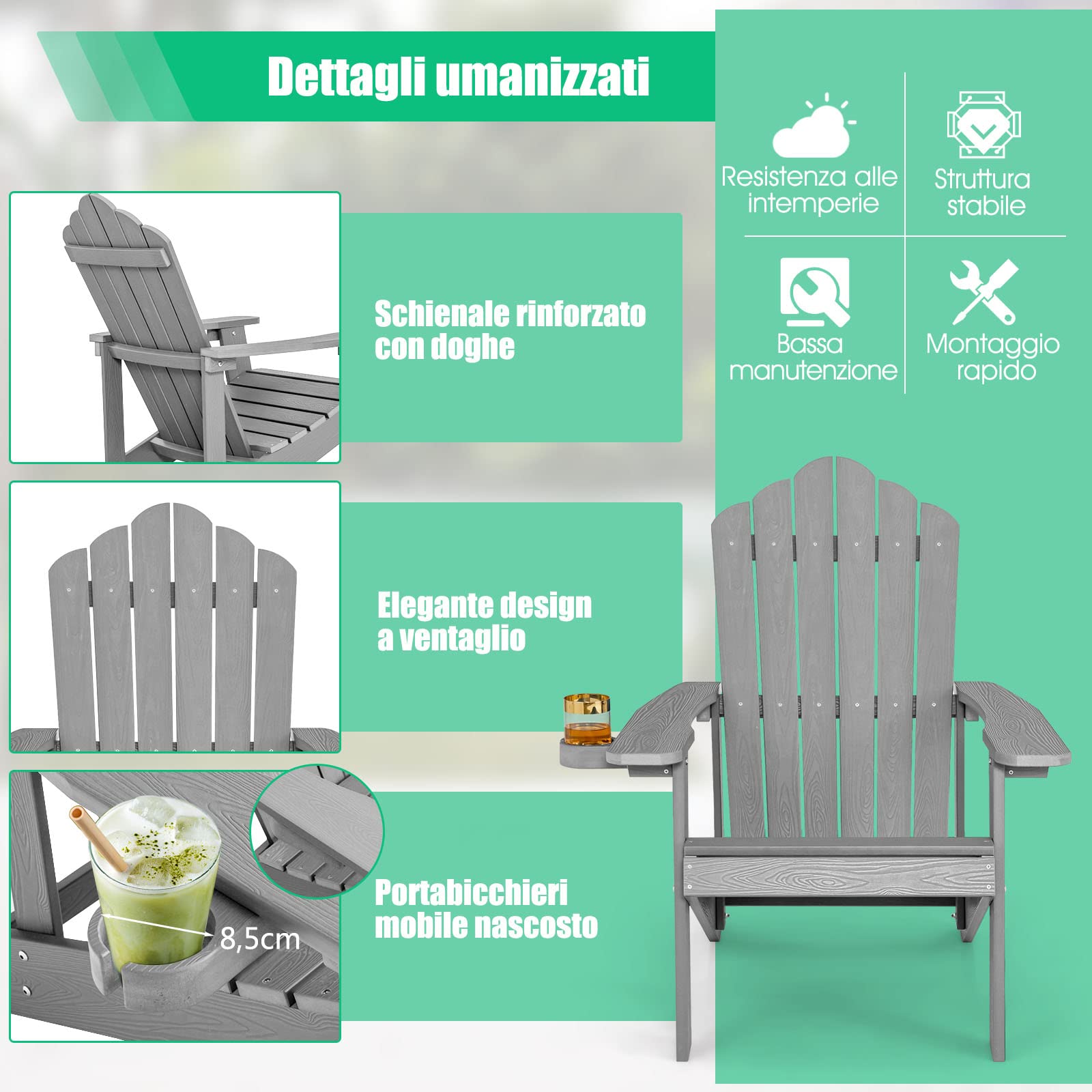 COSTWAY Sedia da Giardino Adirondack in HIPS, Sedia Adirondack con Portabicchieri, Poltrona da Esterno Resistente, per Giardino, Balcone, Piscina, Portata 150 kg (1, Grigio)