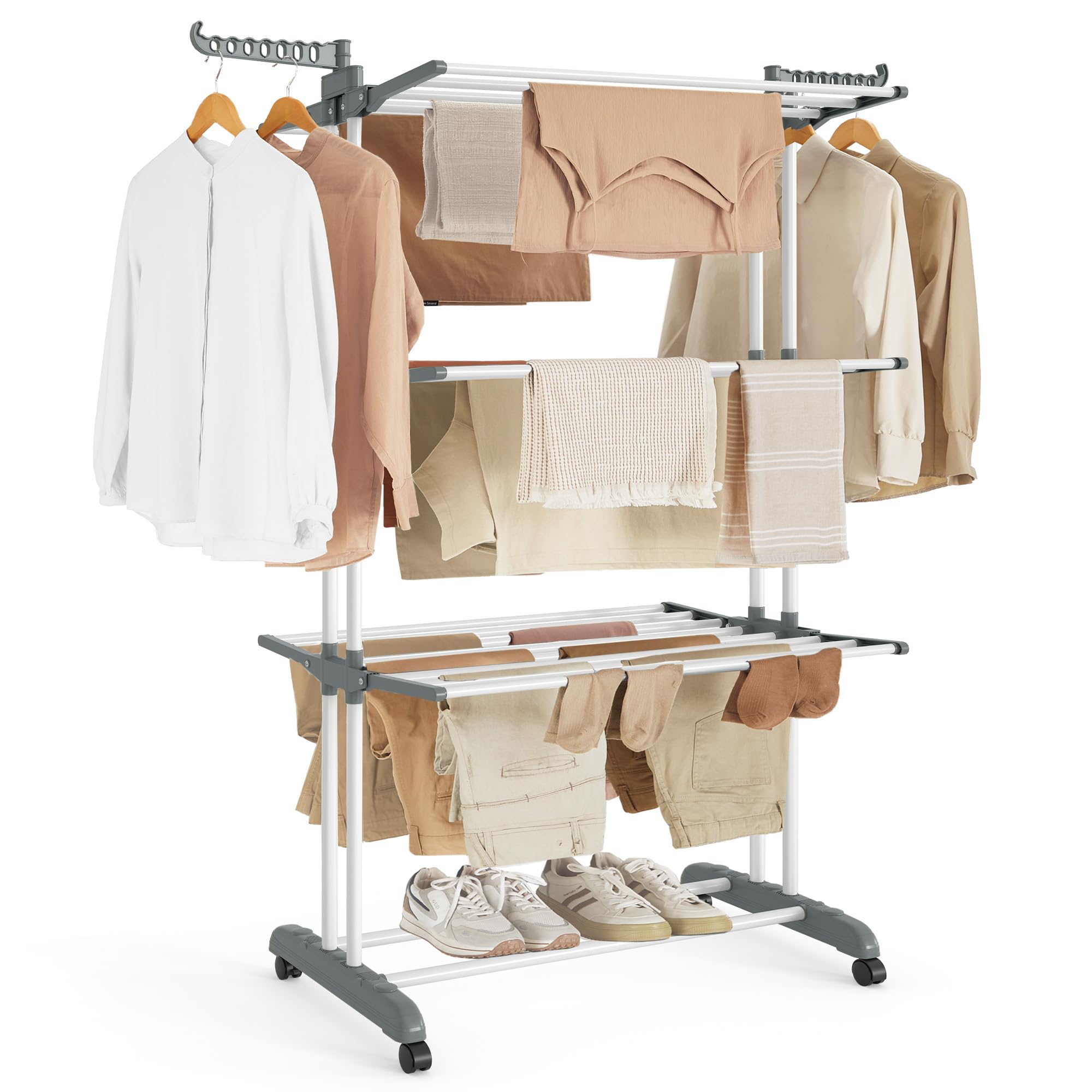 SONGMICS Tendedero, Plegable de 4 Niveles, Móvil, con Ruedas, Alas Plegables, 63,​5 x 128 x 173 cm, Gran Capacidad, Montaje Fácil, Uso Interior y Exterior, Blanco LLR701W01