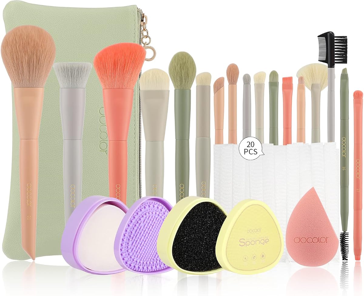 Juego de 17 brochas de maquillaje Morandi de Docolor con bolsa de maquillaje y esponja de maquillaje y protector de brocha + set de limpiador de brochas de maquillaje