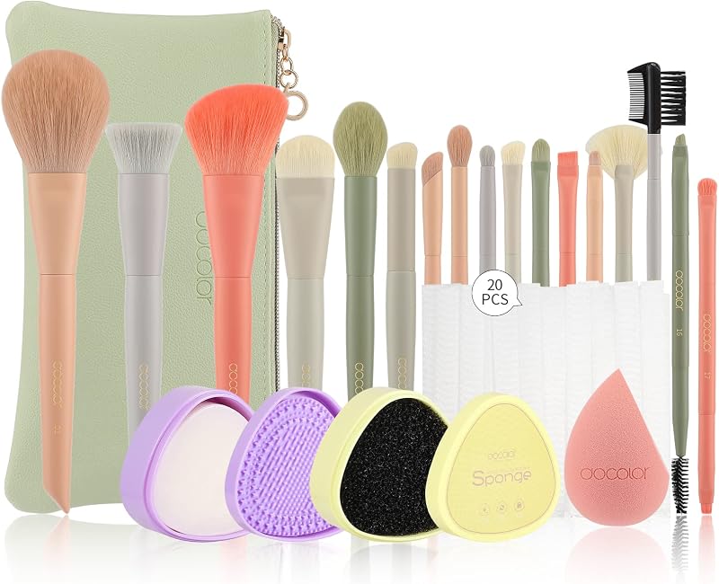 Docolor 17Pcs Morandi Makeup Brush Set with Makeup Bag and Makeup Sponge and Brush Protector + Makeup Brushes Cleaner Set
