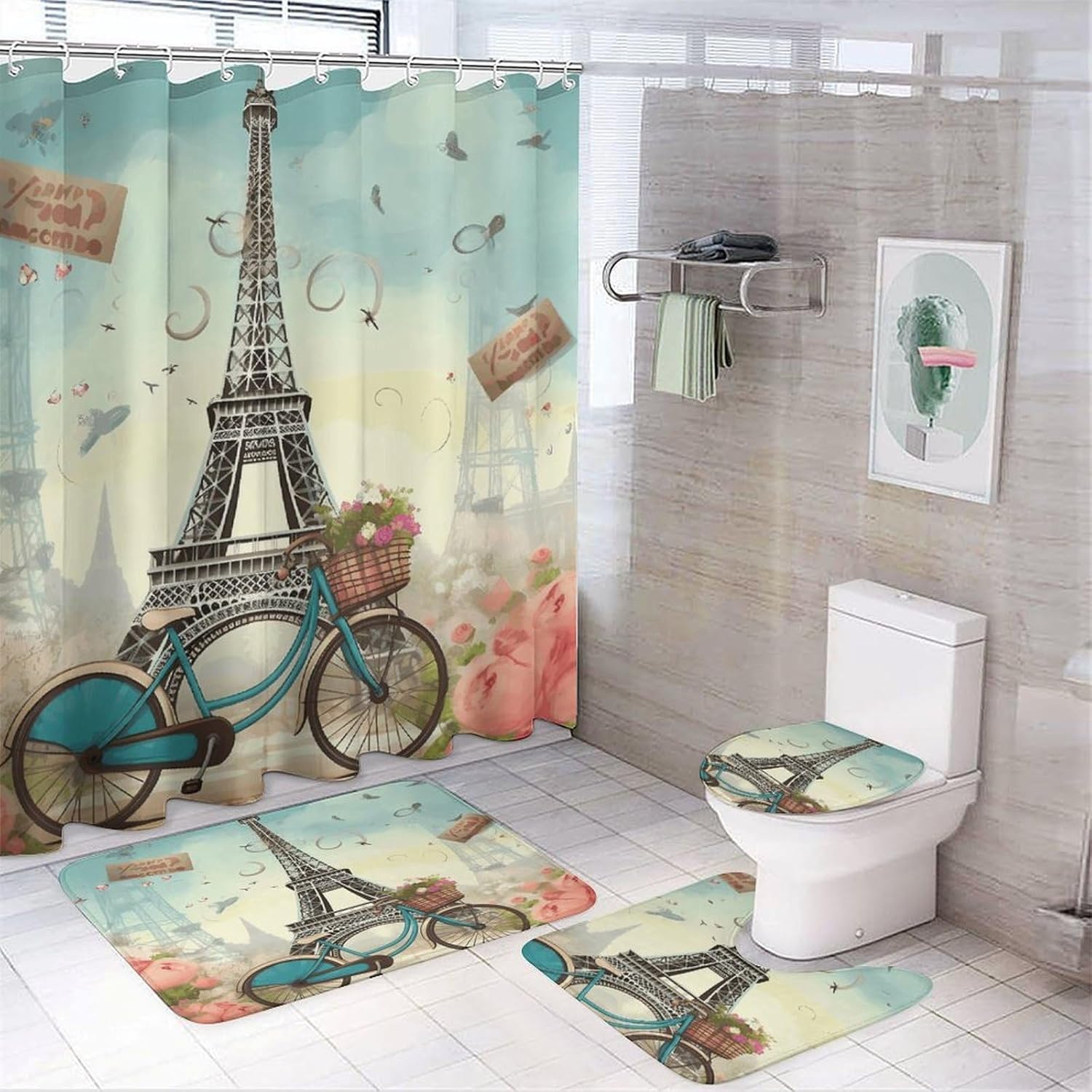 Eiffel Tower Bike 4Pcs Shower Curtain Set with Non-Slip Rugs, Toilet Lid Cover and Bath Mat,Bathroom Set Decor Accessories,Curtain Set with 12 Hooks, 72 X 72 Inch
