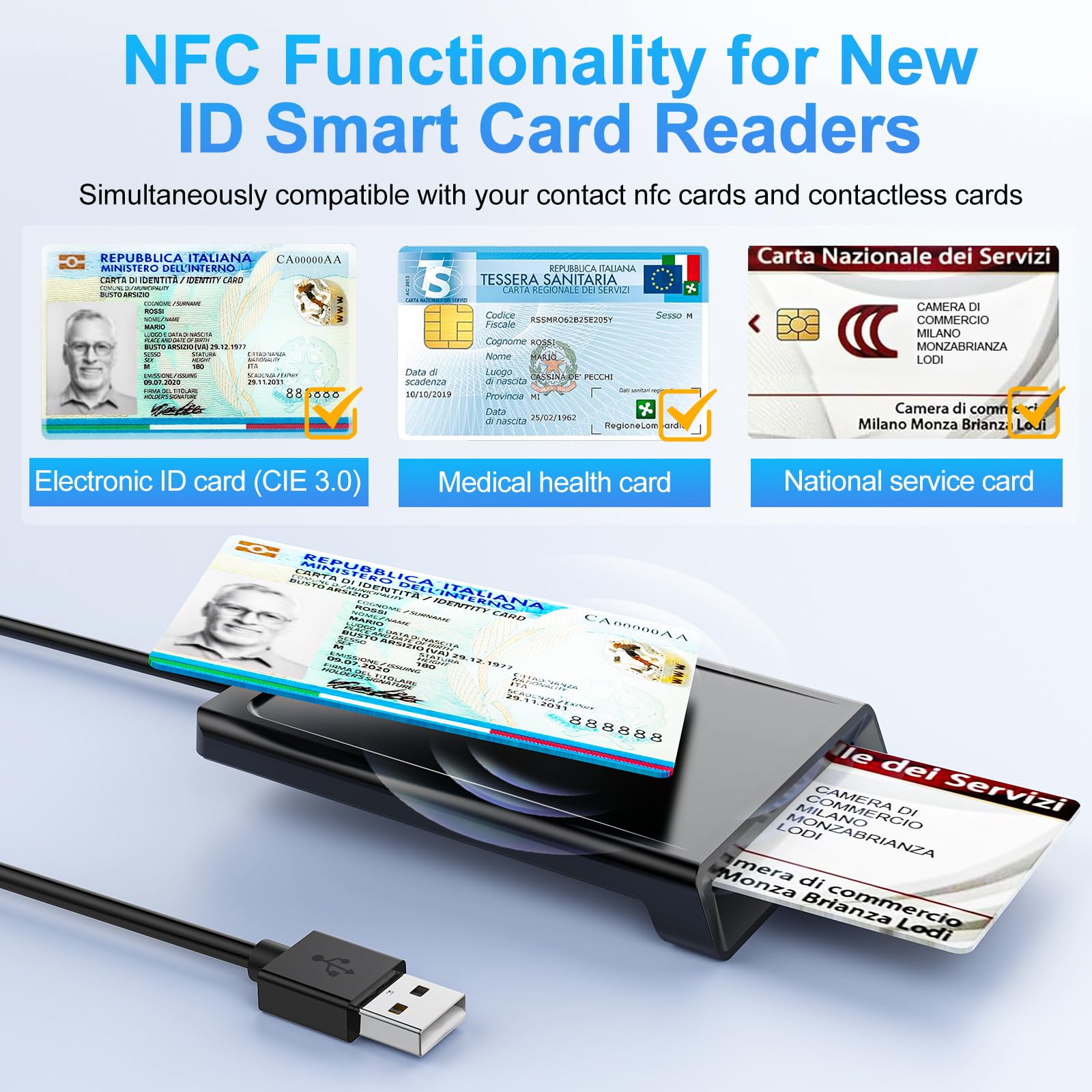 USB Lettore CIE 3.0 Carta d'identità Elettronica e Tessera Sanitaria Italiana,Lettore Smart Card Firma Digitale Lettore NFC Lettore Smart contatto e contactless CIE/CRS/CNS per PC Windows 10 11 Linux