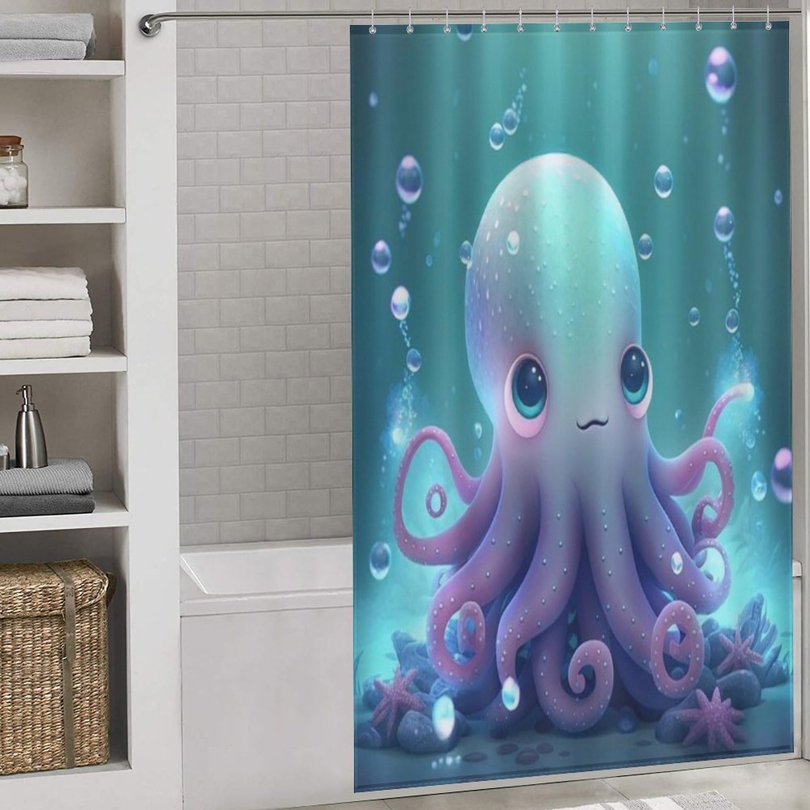 Rideau de douche pieuvre en tissu imperméable et lavable 140x183cm avec 12 crochets