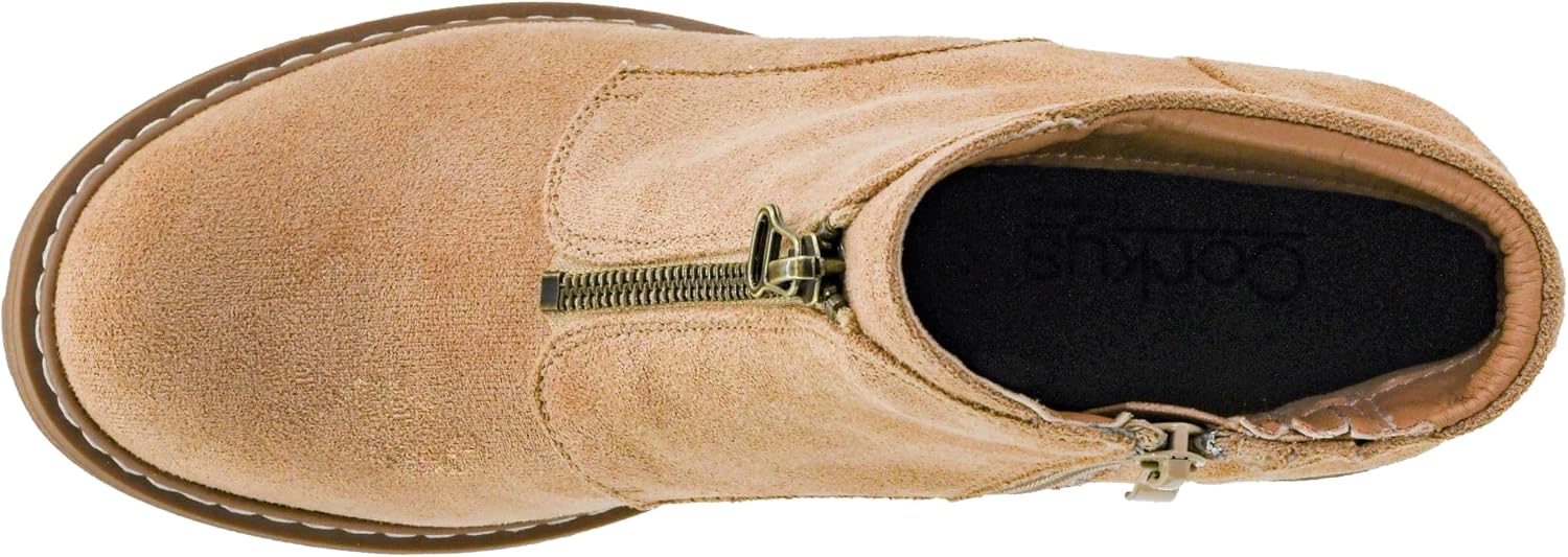 Corkys Footwear Womens Graham Cracker 3-Inch Heeled Bootie, Featuring a Functional Side Zipper and a Unique Front Zip, Cushioned insoles For All Day Wear - Sand Faux Suede Size 8