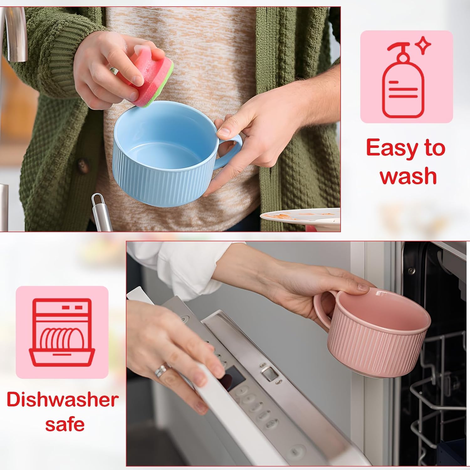 Nuenen 2 Pcs Soup Bowls with Lids and Handles 30 oz Microwave Safe Ceramic Soup Mug Microwavable Ramen Containers with Lids Large Colorful Cups for Noodle Cereal kitchen(Baby Blue, Pink)