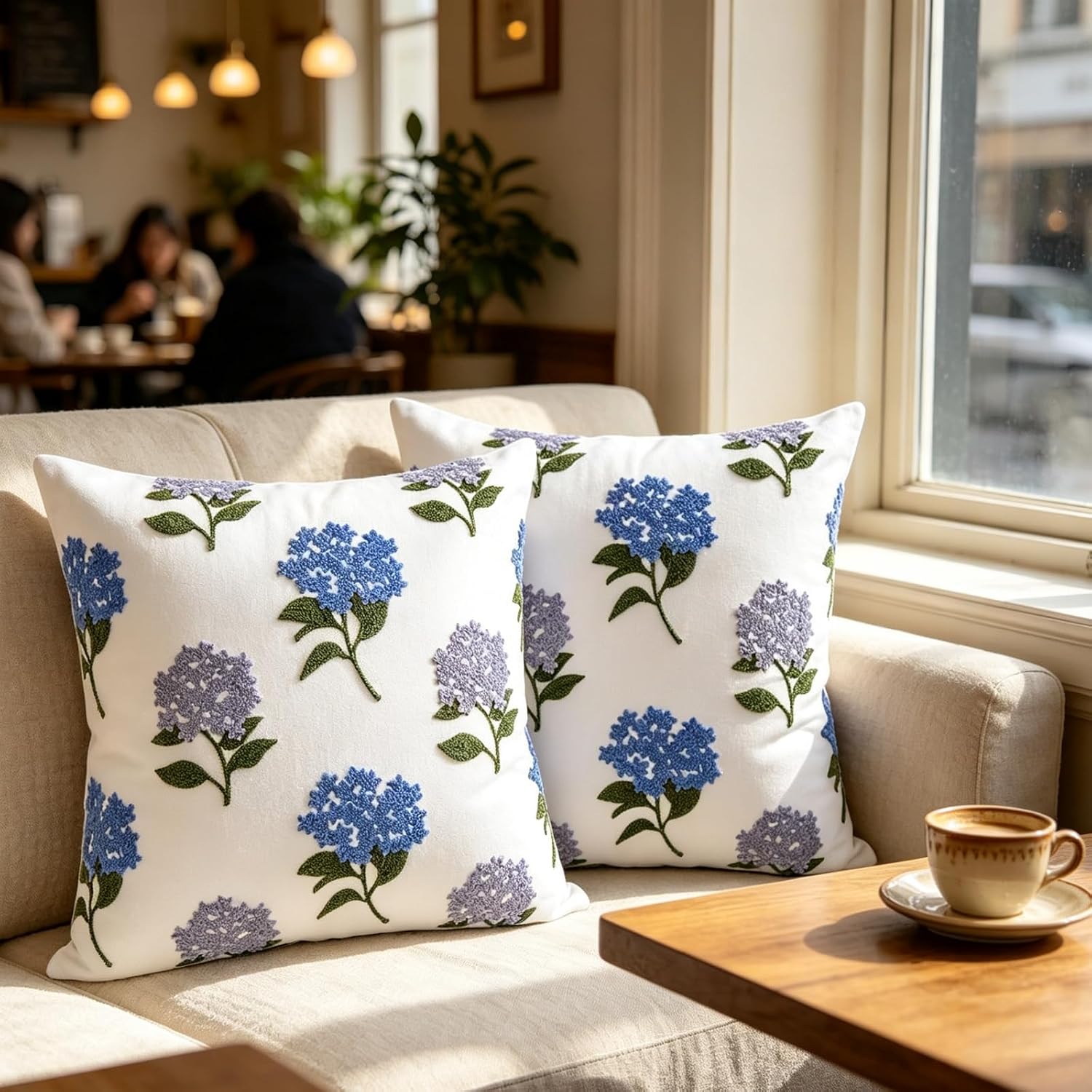 yuboo Set of 2 Embroidered Hydrangea Pillow Covers 18x18 Inch - Vintage Blue Floral Decorative Throw Pillow Covers - Boho Chinoiserie Cushion Case for Couch, Sofa, Aestheti Cottage Decor