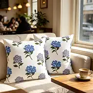 yuboo Set of 2 Embroidered Hydrangea Pillow Covers 18x18 Inch - Vintage Blue Floral Decorative Throw Pillow Covers - Boho Chinoiserie Cushion Case for Couch, Sofa, Aestheti Cottage Decor