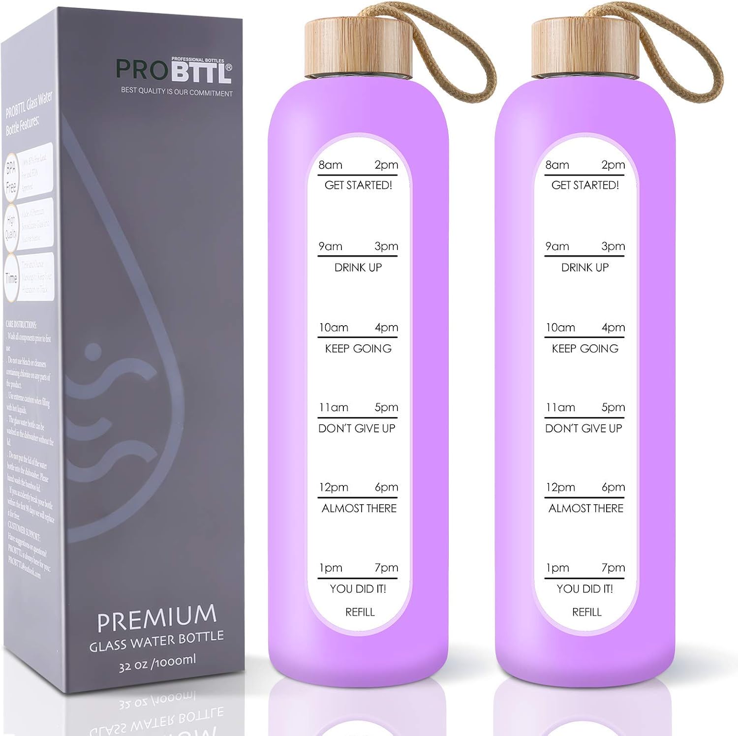 PROBTTL 32 Oz Borosilicate Glass Water Bottle with Time Marker Reminder Quotes, 1 Liter Leak Proof Reusable BPA Free Motivational Water Bottles with Silicone Sleeve and Bamboo Lid (Violet) - Image 7