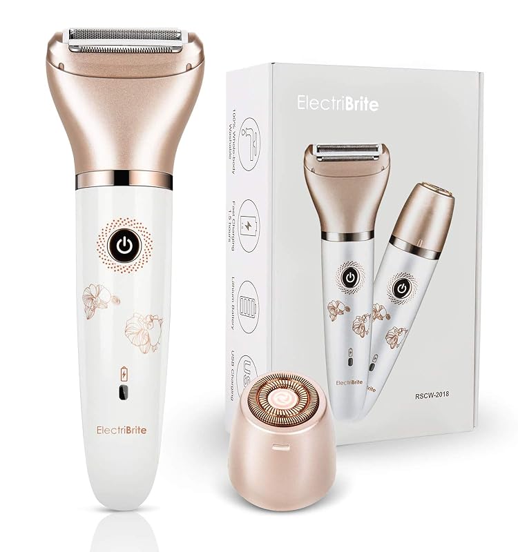 Barbeador elétrico feminino ElectriBrite 2 em 1 com cabeças para rosto e corpo, uso seco e molhado, sem fio, recarga Micro USB