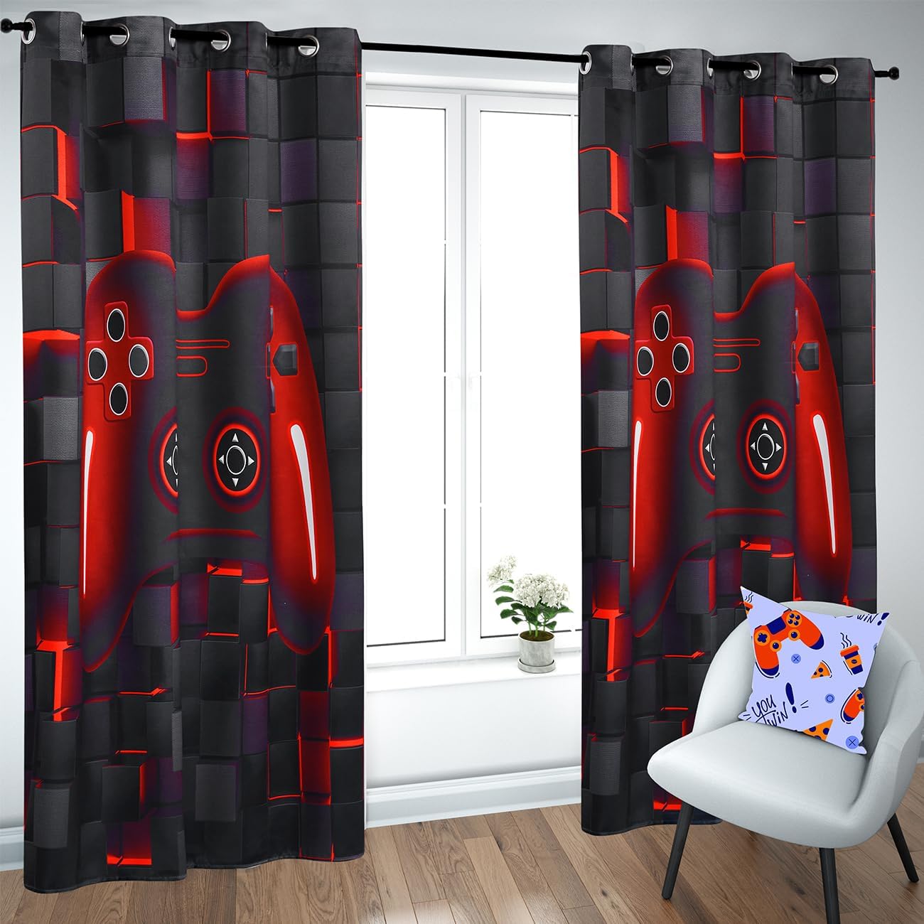 PERFEMET Boys Bedroom Curtains 2 Panels Black Red Video Game Console Kids Blackout Curtain Drapes Cool Darkening Gaming Teens Grommet Window Treatment Colorful Living Room Decor(Red, 42x63inch) Red 42"W x 63"L (Pack of 2)