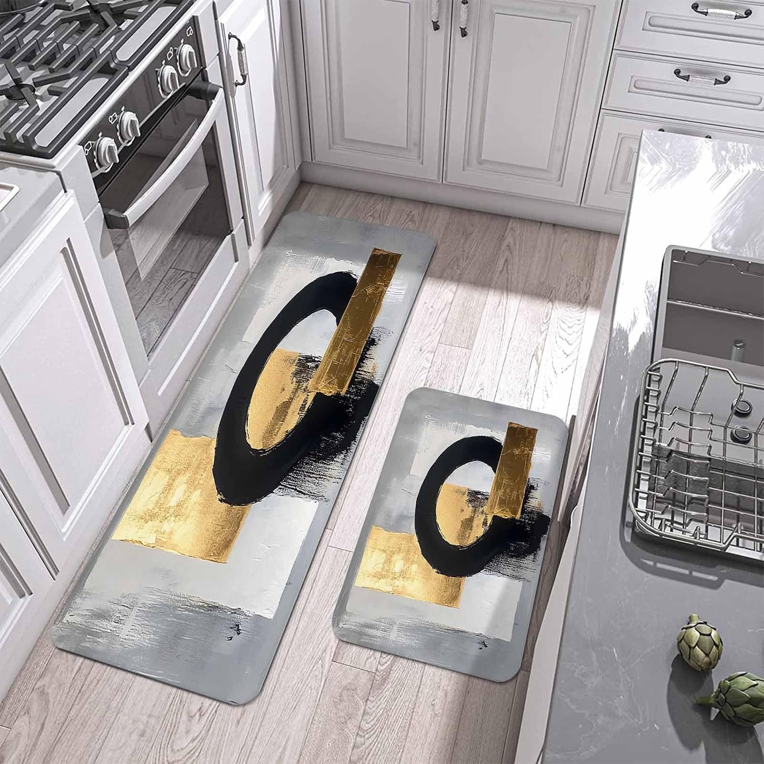 Prime Leader Black and Gold Kitchen Mat Set 2 Pieces Round Watercolor Modern Abstract Non Slip Kitchen Rugs Washable Runner Rug Mats for Sink Laundry (23.6" x 35.4"+23.6" x 70.9")