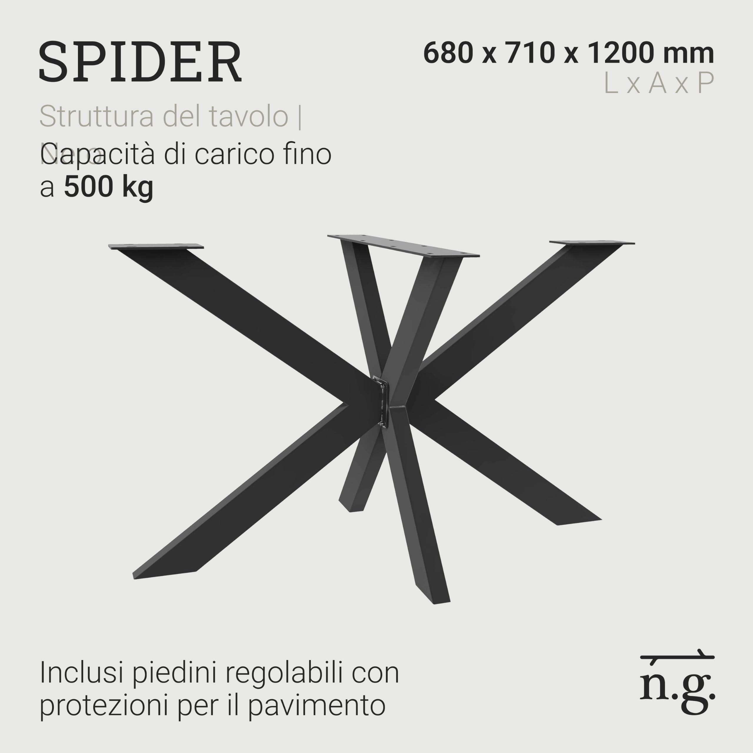 Natural Goods Berlin 1x Gambe per Tavolo SPIDER | Gambe Tavolo in Metallo Nero | Montaggio Semplice | Piedi per Mobili, come Tavolino, Scrivania e Tavoli da Pranzo | Piedi per Tavolo 71x68x120cm