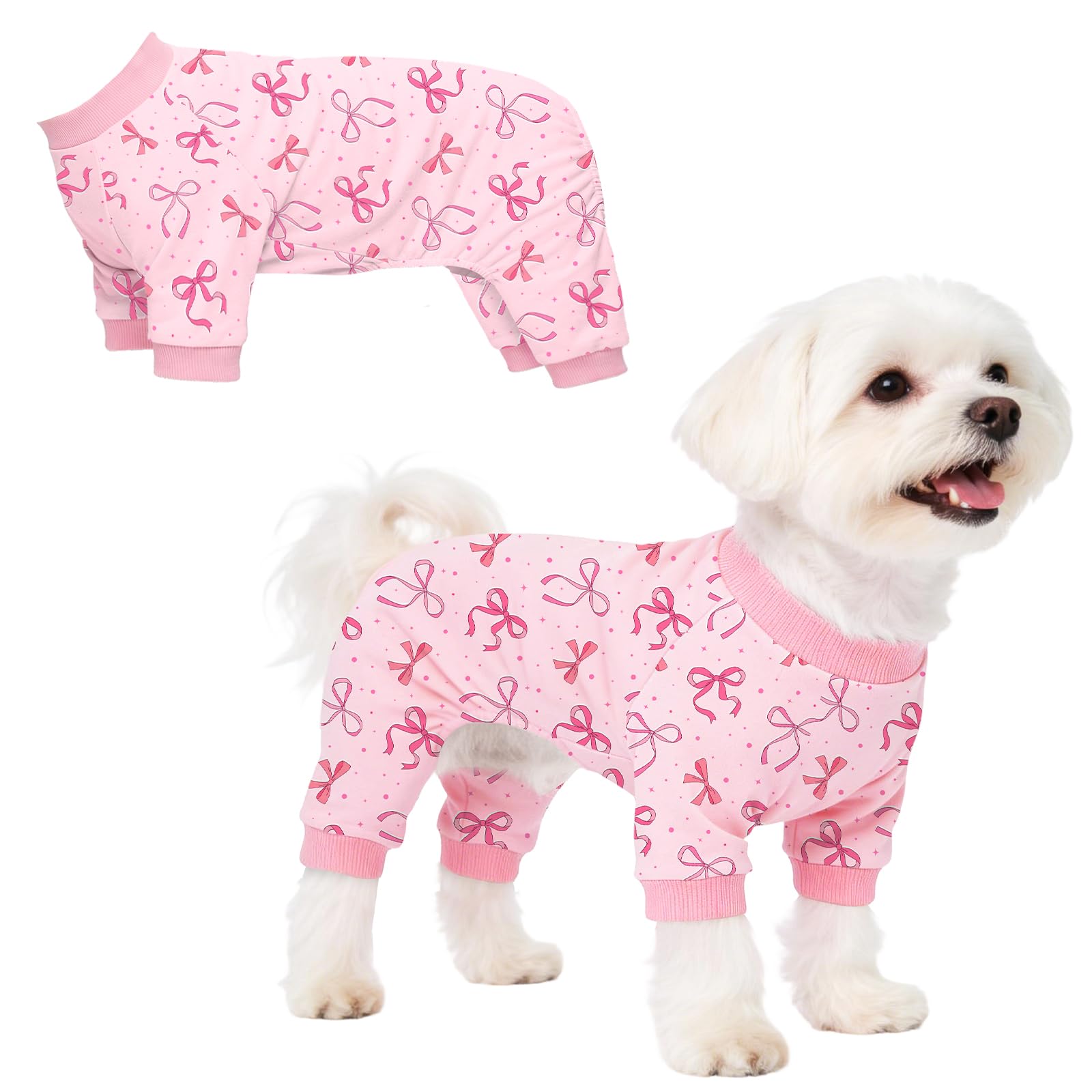 Dog Pajamas for Small Medium Dogs Recovery Suit Dog Pjs Dog Onesie Cute Soft Breathable Puppy Pajamas Pet Spring Summer Stretchy Pjs for Boy Girl - Pink Bows — view 17