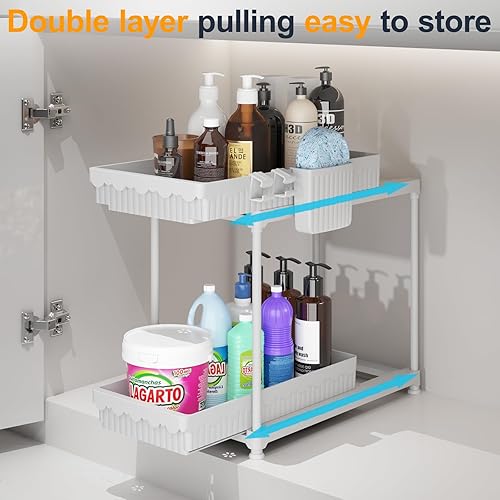 Miniatura 2 de Sevenblue Paquete de 2 organizadores y almacenamiento dobles deslizantes debajo del fregadero, 2 niveles debajo del gabinete del baño con ganchos