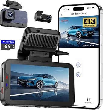 4K Dash Cam Front and Rear Inside, Built-in 5G WiFi, 4K+1080P+1080P Dash Camera for Cars with 64GB Card, Dashcam with Loop Recording, G-Sensor, 24H Parking Monitor, Silver