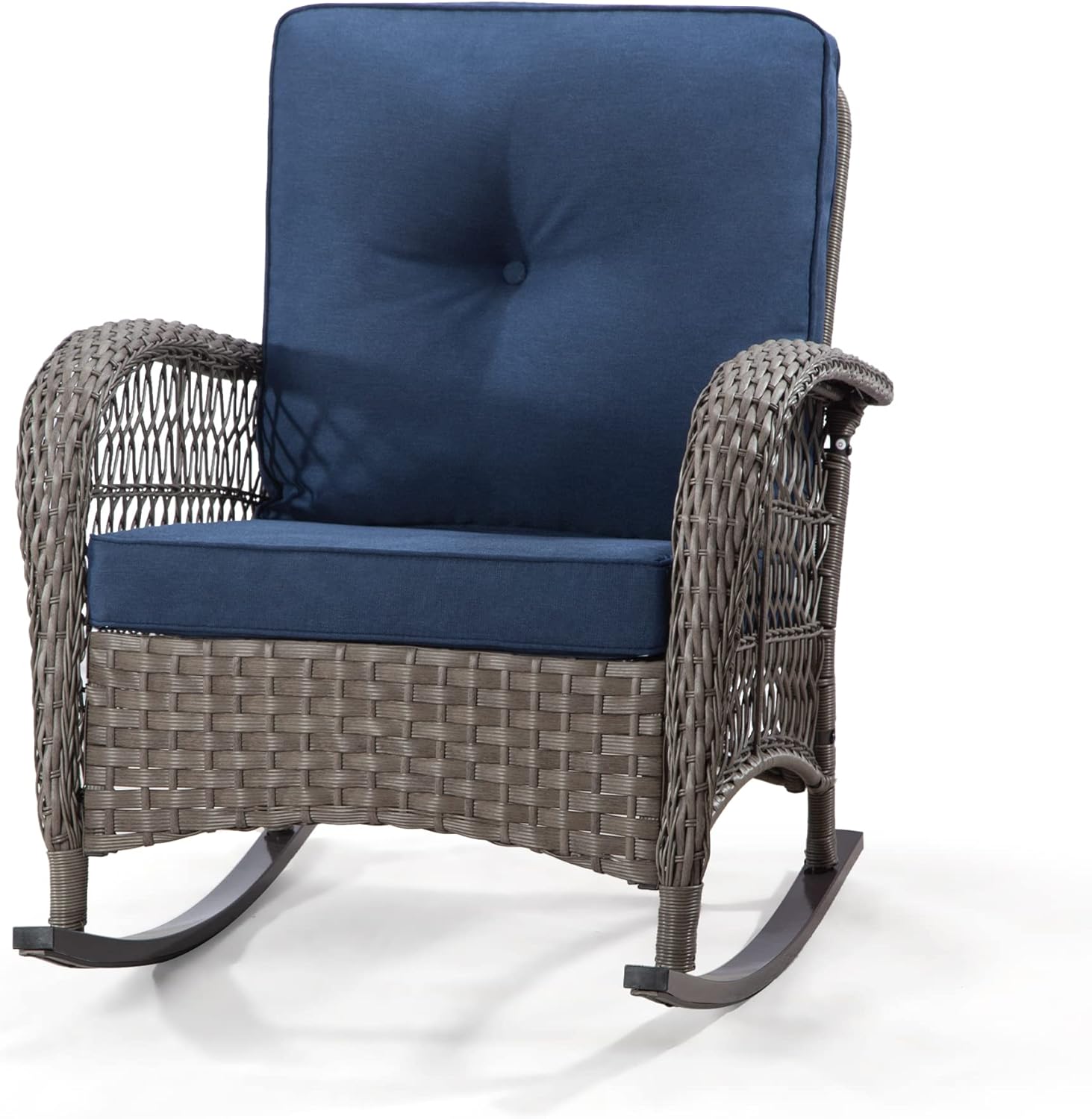 Patio Rocking Chair - Outdoor Rocker Chair with Safe Rocking Design, Metal Frame All Weather Wicker and Premium Fabric Cushions (Mixed Brown/Blue)