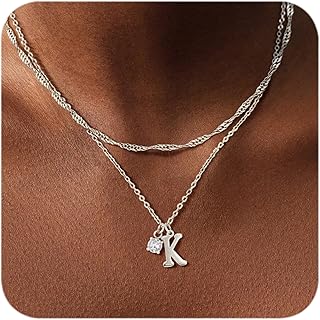 Sterling Silver Initial Necklaces for Women Girls Dainty Letter Necklace Stack Non Tarnish Silver Layered Necklaces Simple Chain CZ Diamond Pendant Necklaces Stacked A-Z Name Personalized Trendy Jewelry Gift