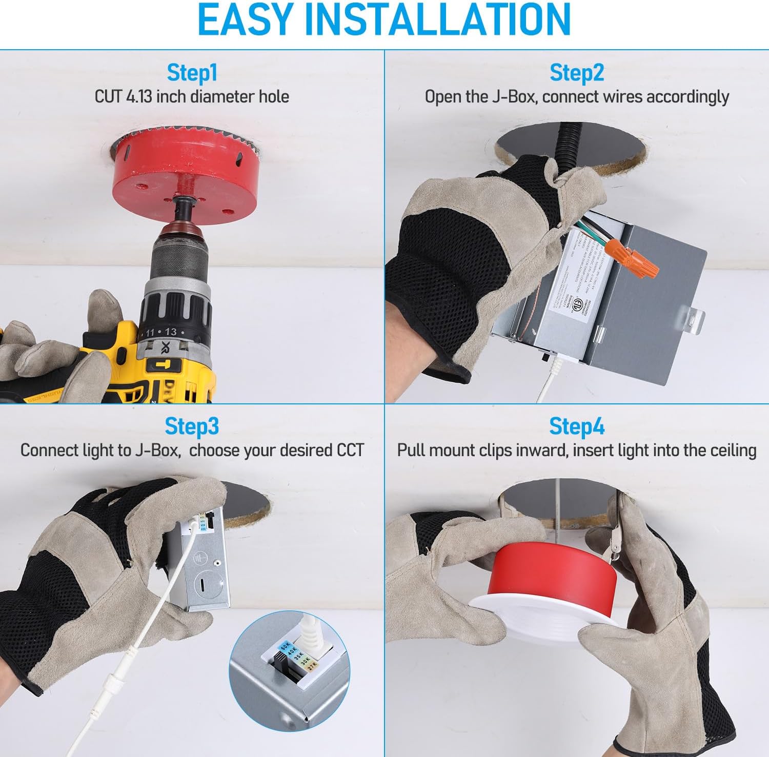 TORCHSTAR 4 Inch 2 Hour Fire Rated Baffle LED Recessed Lighting, UL263 Listed, 2700K3000K3500K4000K5000K, 5CCT Recessed Lighting with J-Box, CRI90, Dimmable Canless Downlight, ETL&ES&T24, Pack of 4