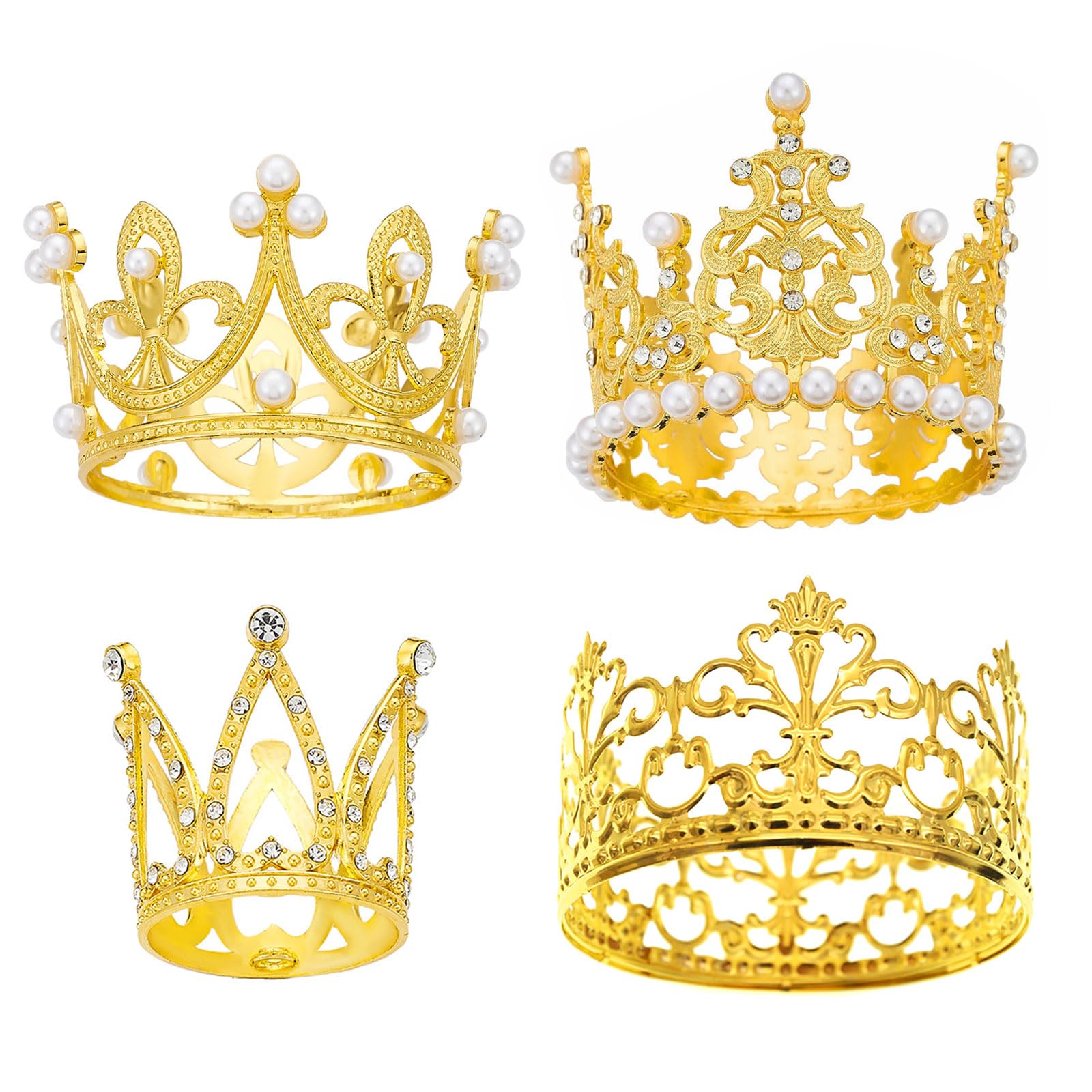 Kabwea Set of 4 Gold Crown Cake Toppers, Queen Princess Cake Decorations for Birthdays Weddings and Party Decor, Gold Crown