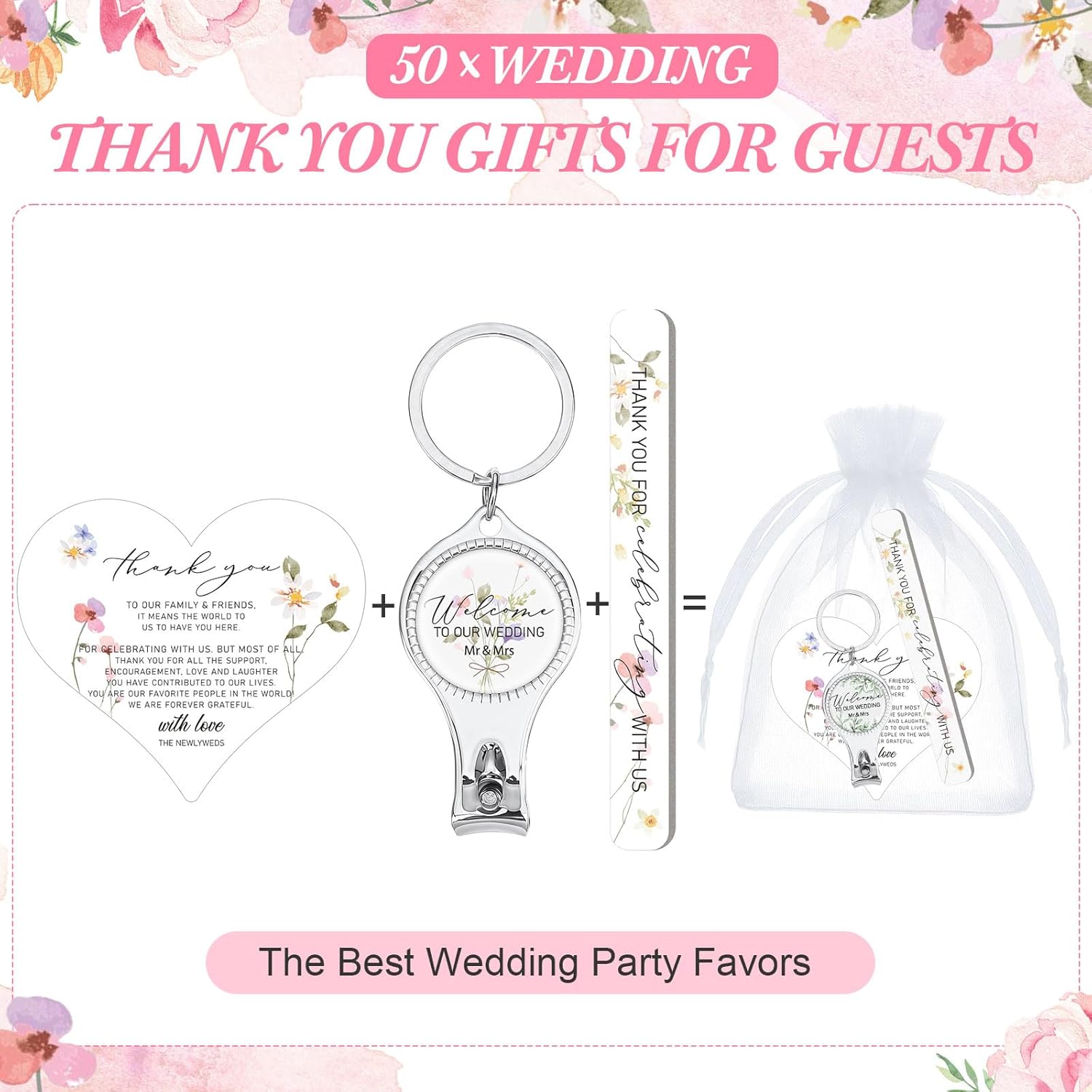 50 Sets Wedding Bridal Shower Party Favors for Guests Multi Function Bottle Opener Nail Clipper Nail File with Heart Cards Organza Bags for Wedding Party Souvenir Thank You Gifts(Flowers)