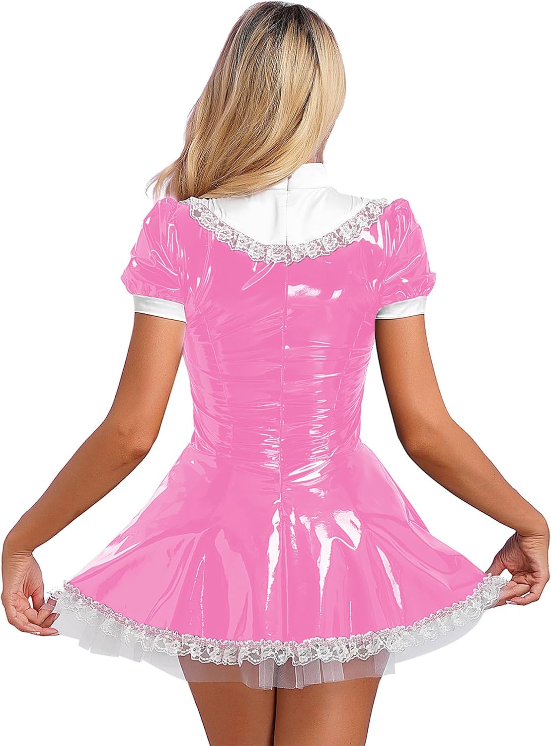 Womens Sissy Lingerie Maid Dress Leather Mini Dress Short Puff Sleeves Lace Ruffle Zipper Back Nightdress