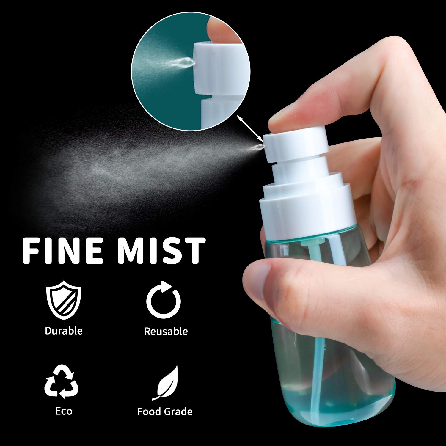 Spray Bottles, 2oz/60ml Travel Size Empty Fine Mist Bottle Set, Small Plastic Refillable Liquid Containers with 2pcs Funnels for Face Hand Sanitizer Cosmetic (3 Pack)