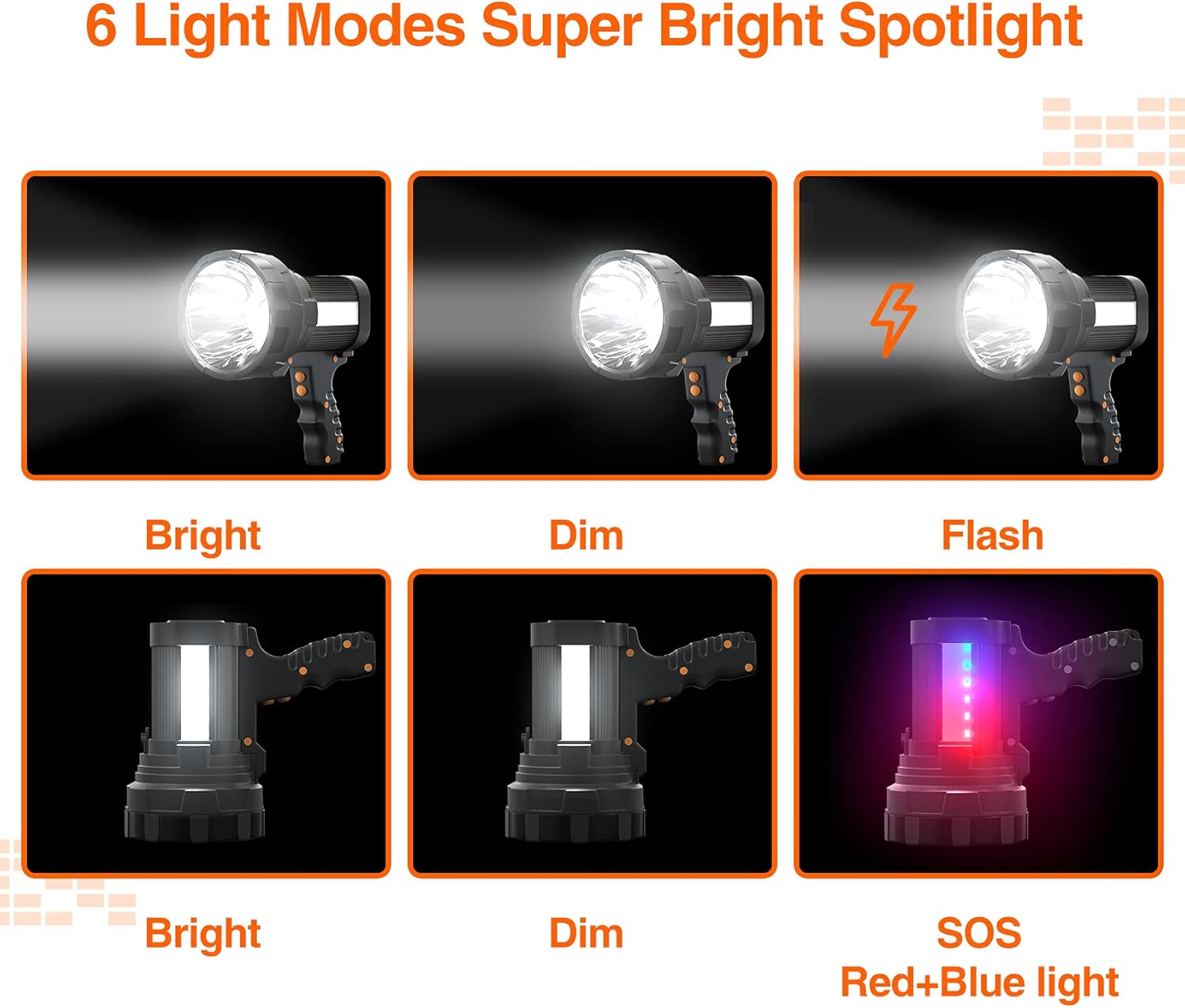 Rechargeable Spotlight, Super Bright 6000Lumen Handheld Flashlight with Foldable Tripod, 10000mAh Spot Light with USB Power Bank, 6 Modes IP44 Searchlight for Fishing Hiking with Wristband - - 